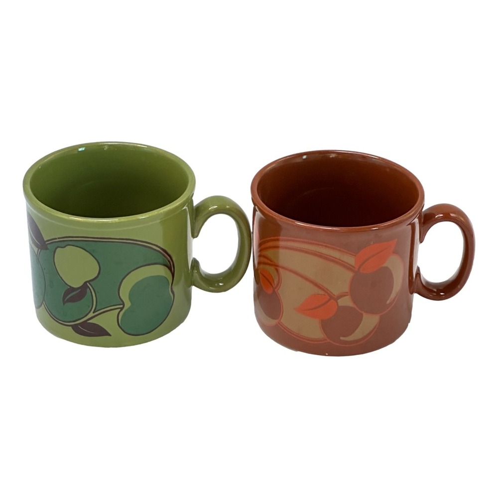 Vintage Staffordshire Potteries Mug Lot 2 Green Apple Brown Leaves 1970s